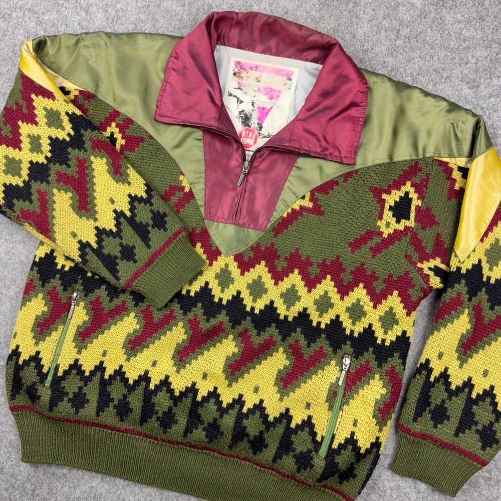VTG Spyder Sweater Mens Large Green Windstopper 1/4 Zip Knit 80s Hiking Ski Snow
